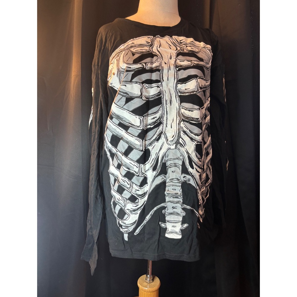 Spirit Halloween Skeleton Shirt Long Sleeve Black Cotton Graphic Tee Gloves L